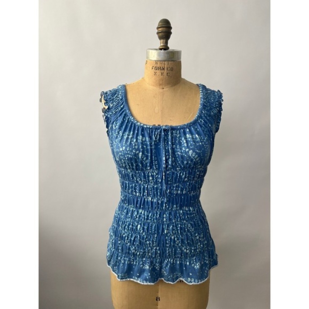 DKNY Jeans Blue Smocked Cotton Print Top Sleeveless Ruffle Hem Small